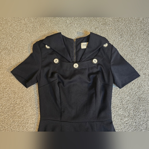 Bettie Page Tatyana Retro 40's Navy Blue Nautical Button Wiggle Dress XXS - Picture 2 of 11